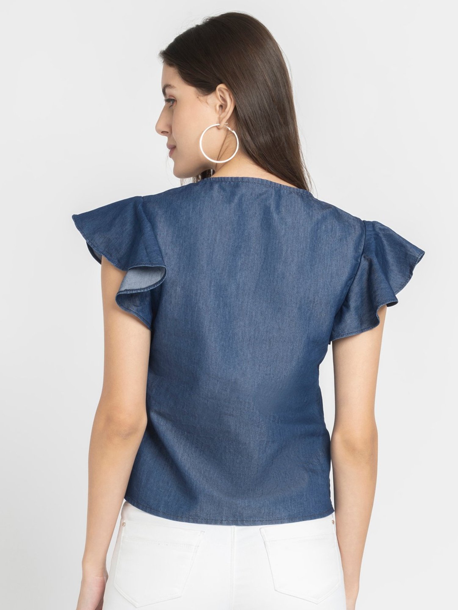 SHAYE Blue Denim Embroidered Top