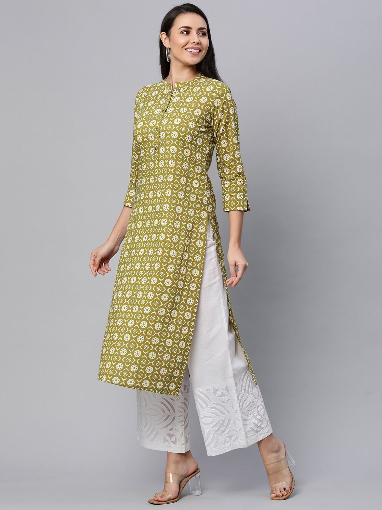 Kami Kubi Green Cotton Printed Straight Kurta