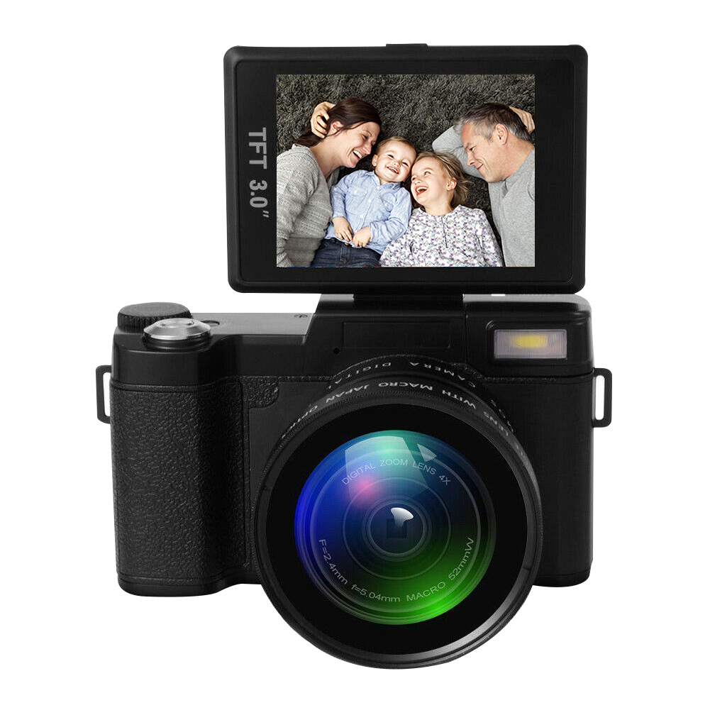 Full HD 1080P Digital Camera Wide Angle Lens Flip Screen Flash Light 24MP 3.0" TFT LCD Display