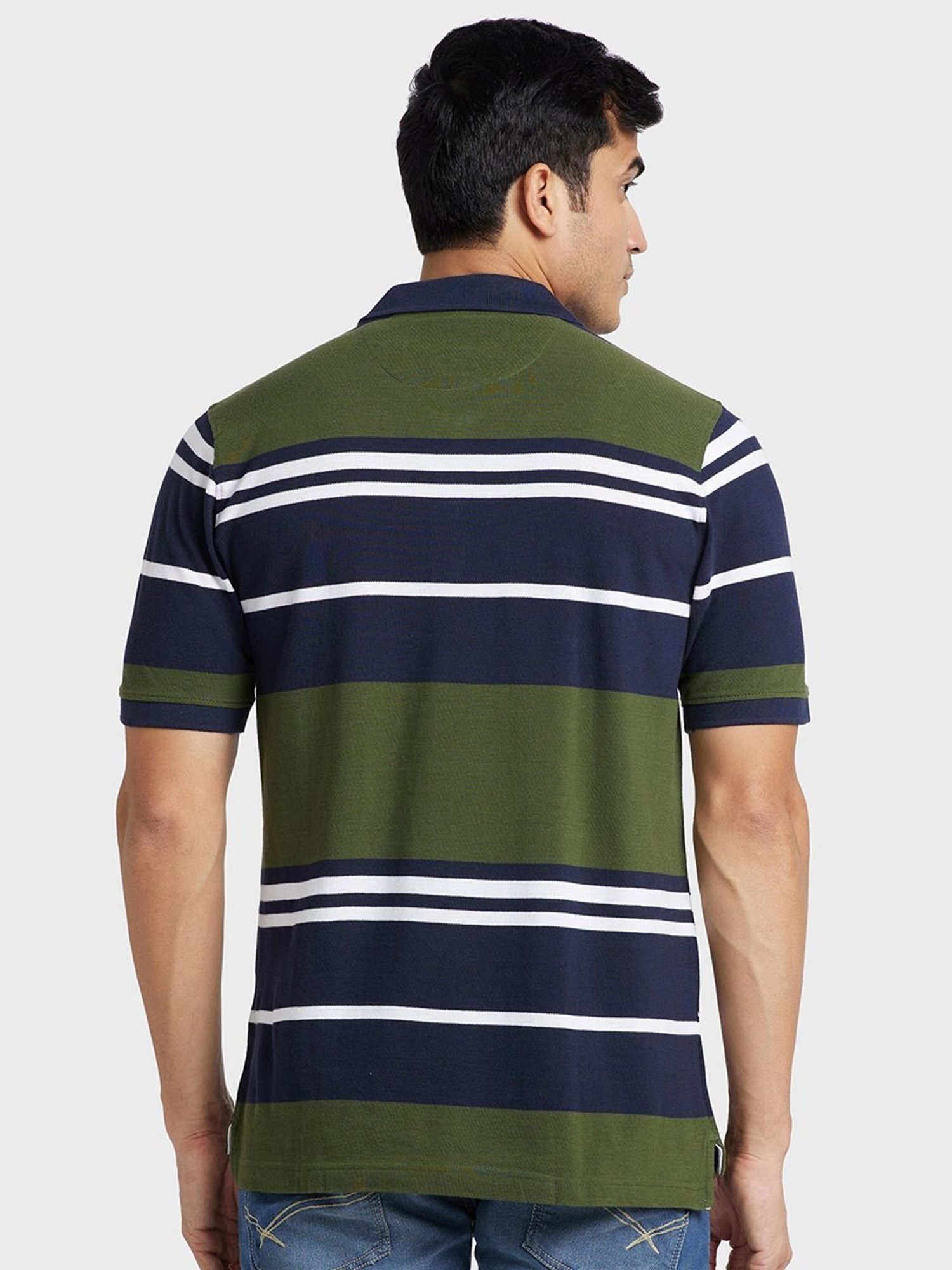 Colorplus Green & Blue Cotton Tailored Fit Striped Polo T-Shirt