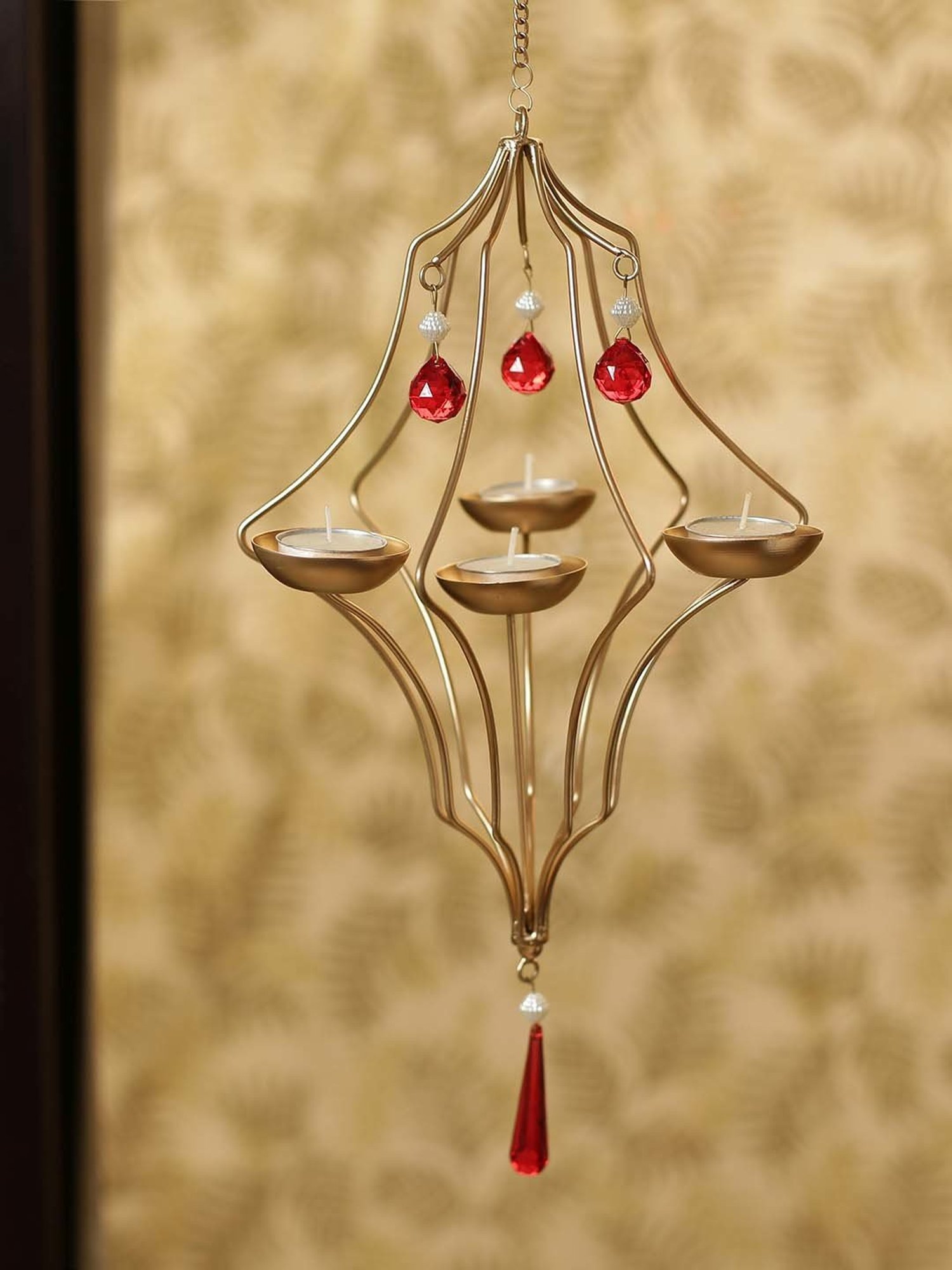 ExclusiveLane 'Golden Abstract' Hanging Tea-Light Holder In Iron