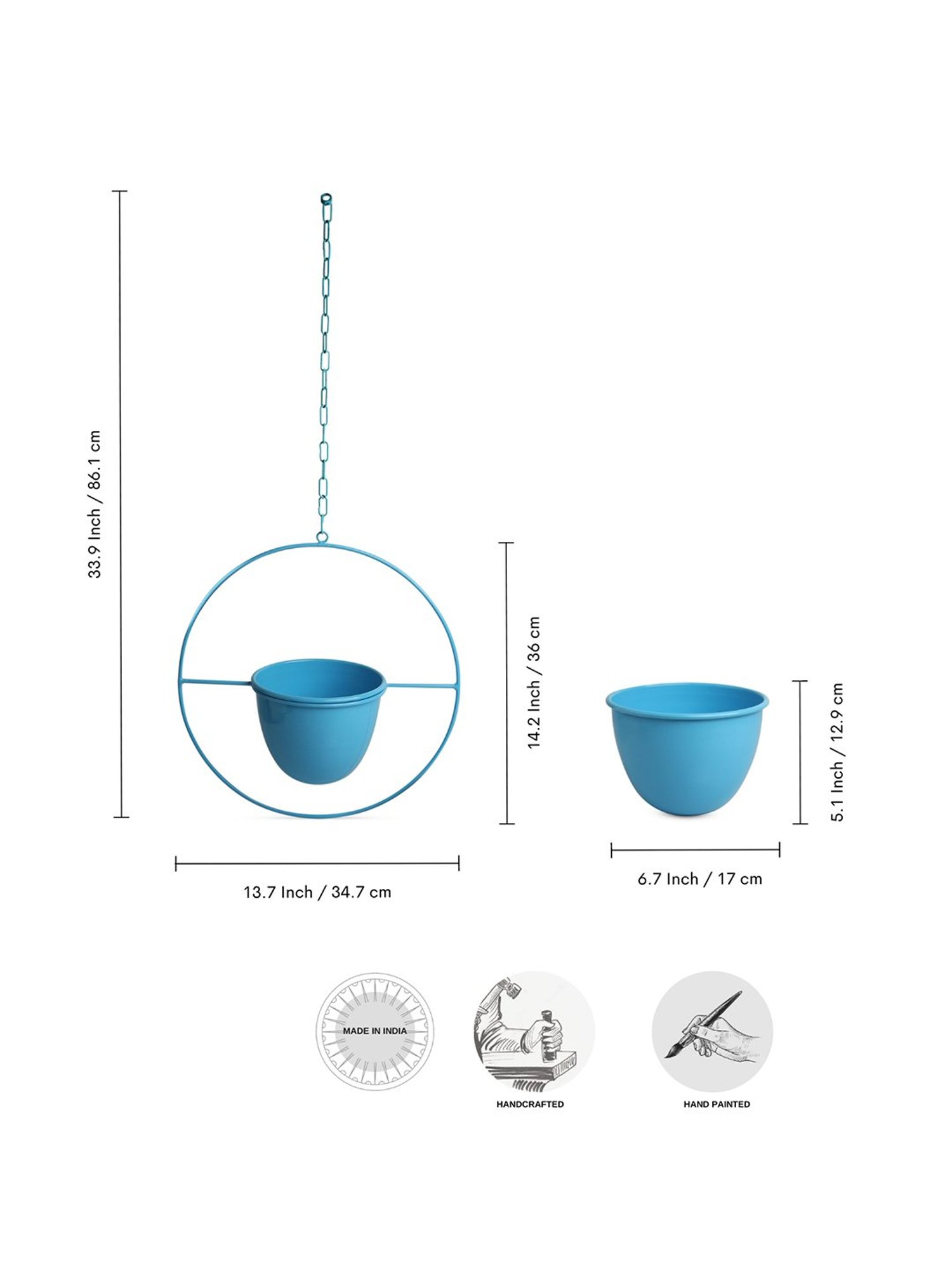 ExclusiveLane Blue Bliss Sky Blue Iron Hanging Planter Pot With Holder