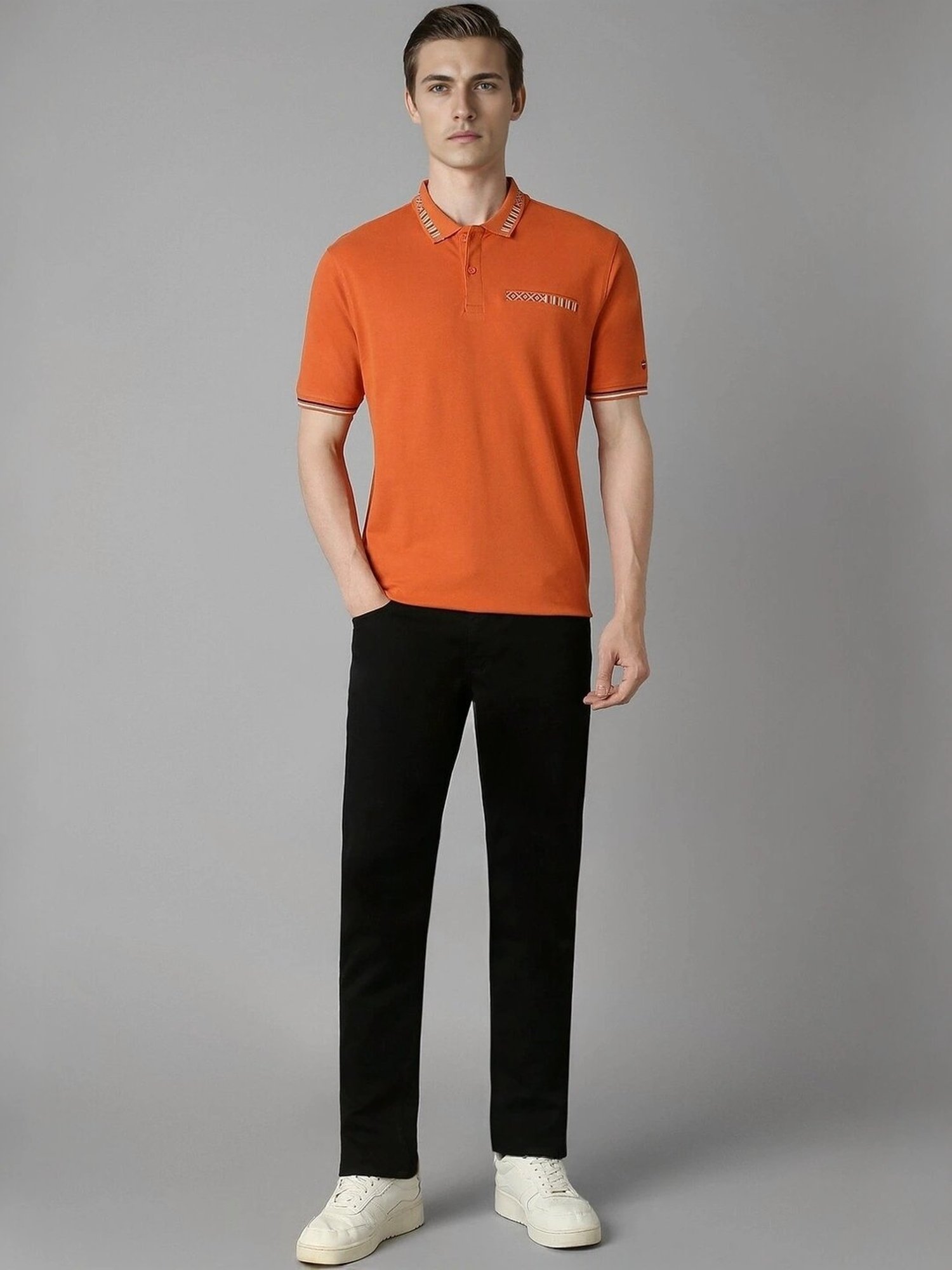 Louis Philippe Orange Cotton Slim Fit Printed Polo T-Shirt