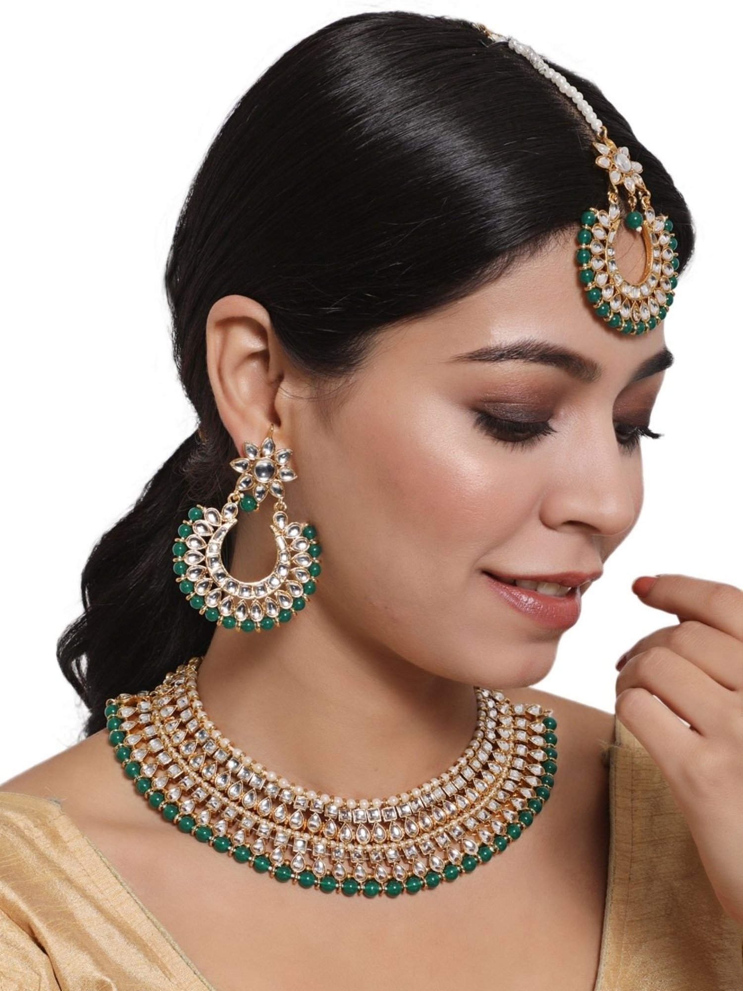 Aatmana Gold-Plated Green & White Kundan-Studded Choker Necklace Set for Women