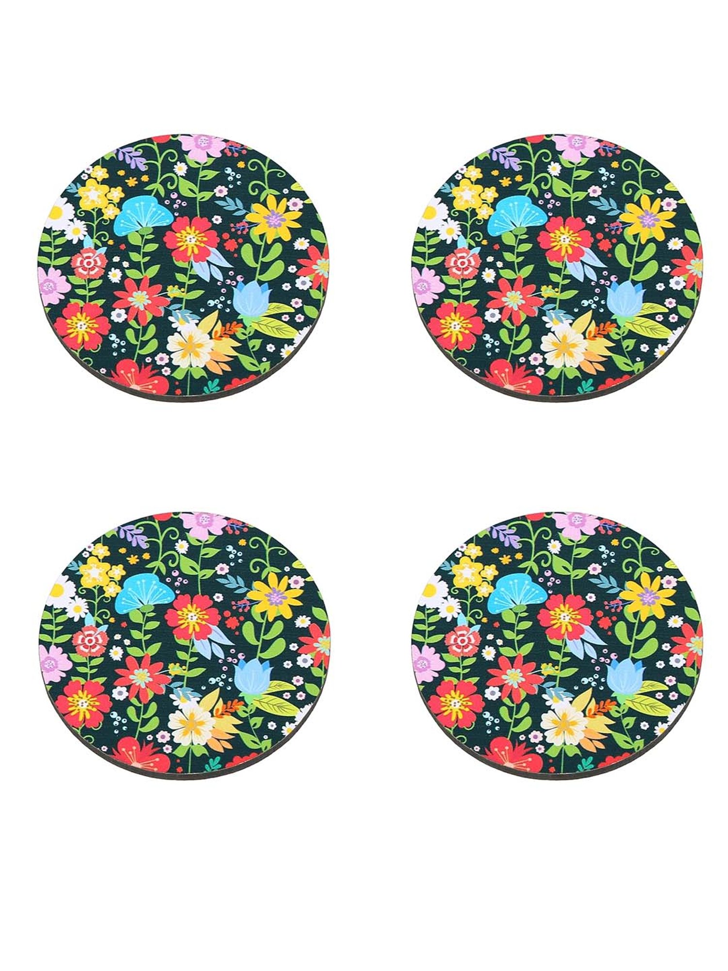 Crayton Multicolor Wooden Floral Printed Round Coasters - Set of 4