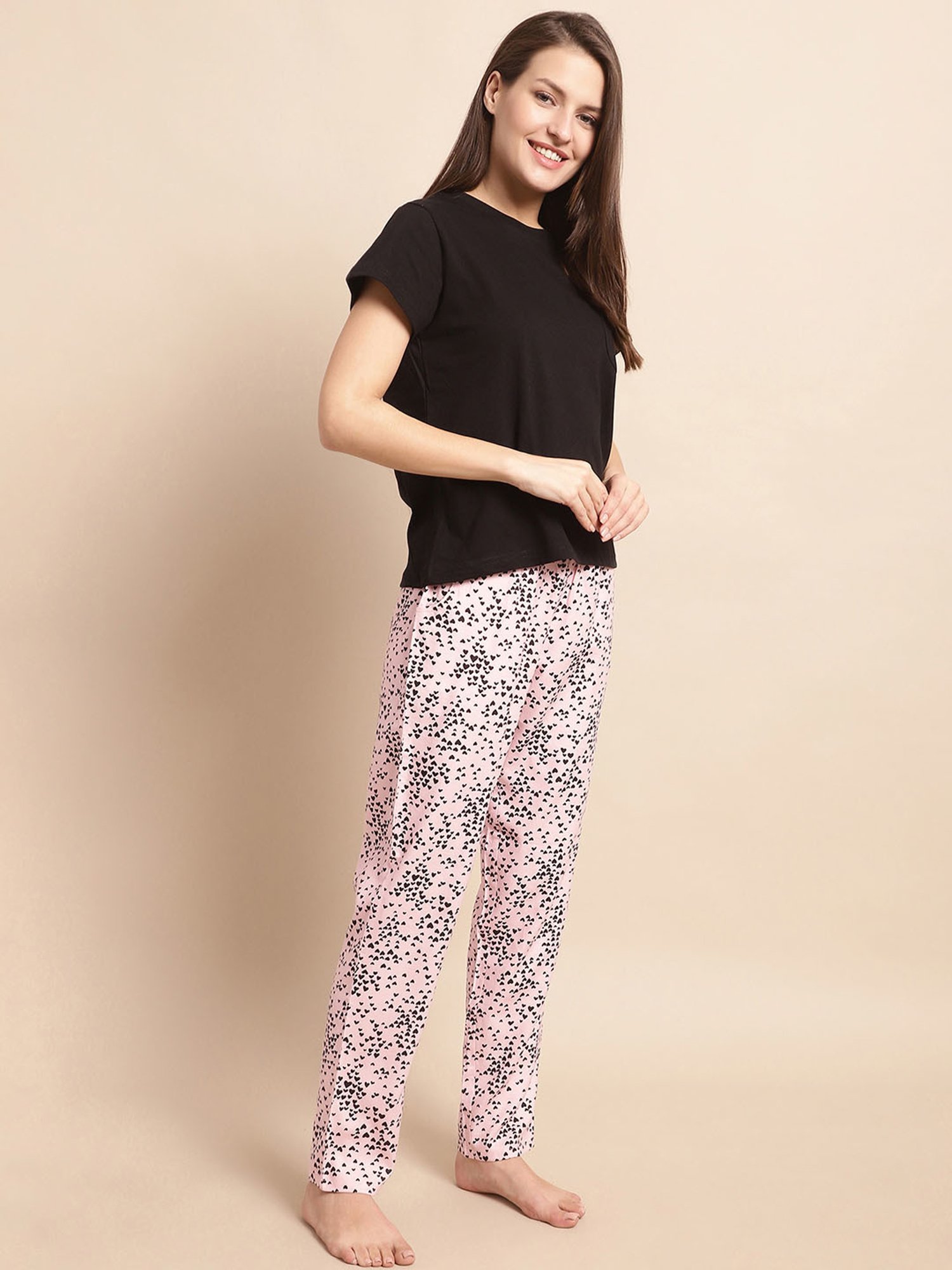 Boston Club Black & Pink Printed Top With Pyjamas