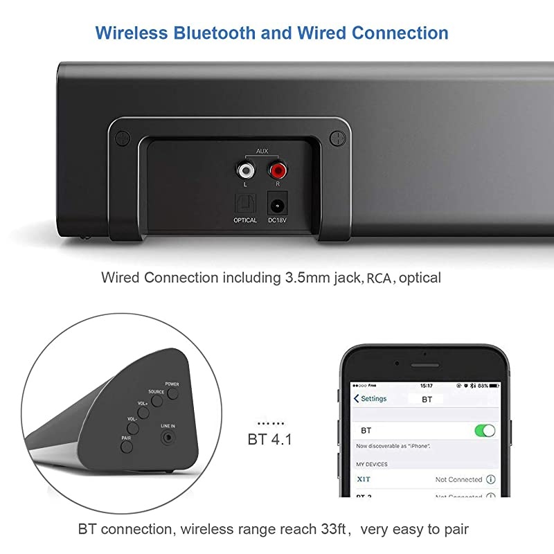 21 Channel Bluetooth Sound Bar  TV Soundbar with Builtin Subwoofer 32Inch 3 Drivers Remote Control 2020 Updated Model S05