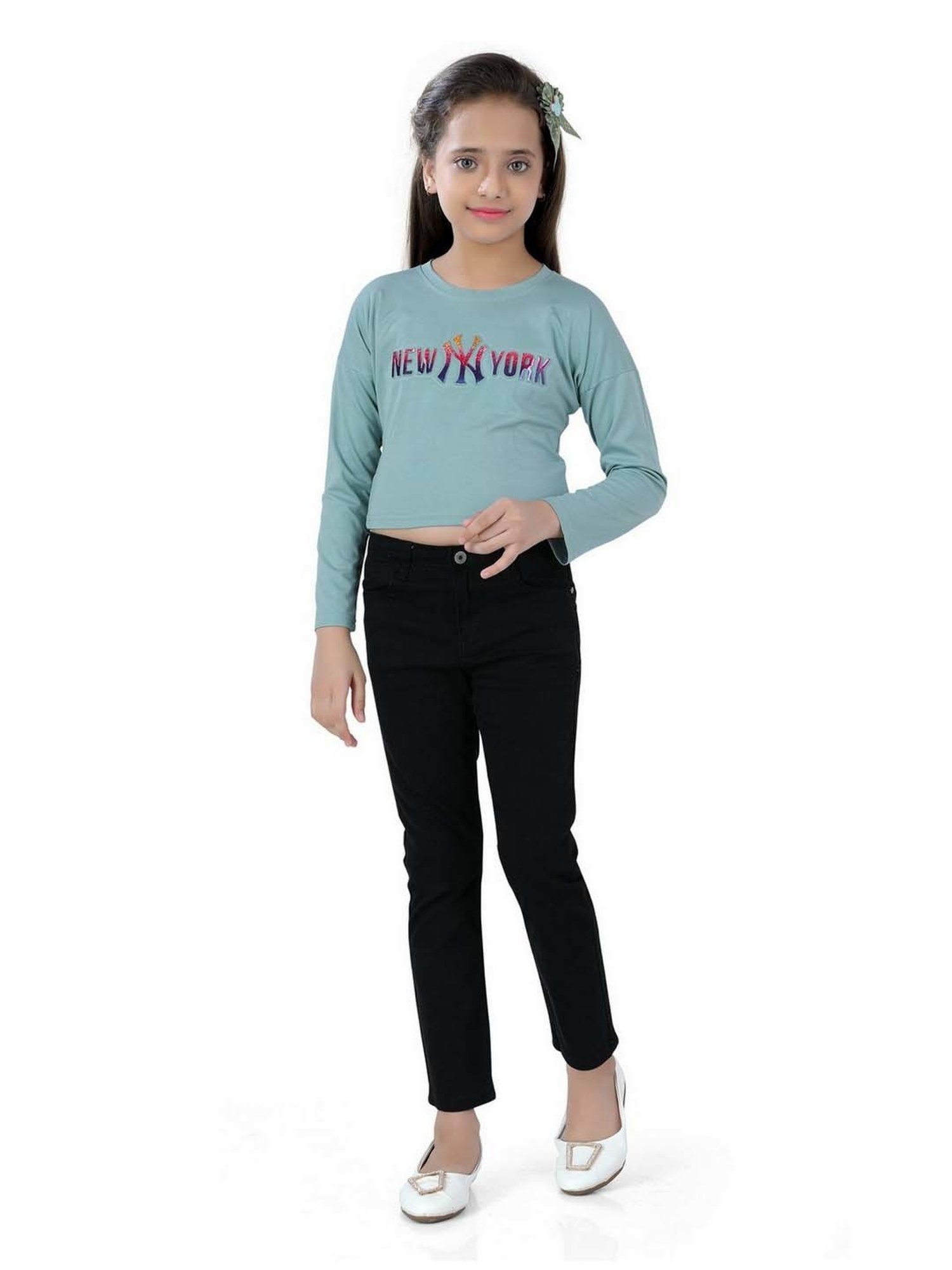 poplins Kids Green Cotton Printed Full Sleeves Top