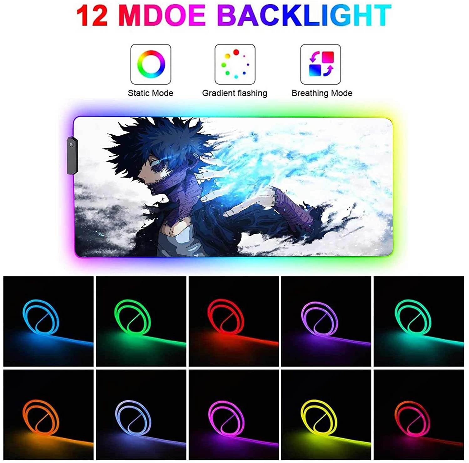 Mouse Pad RGB Anime My Hero Academia Dabi Blue Flame,Mousepad with 12 Lighting Modes & Non-Slip Rubber Base-3Mm Thick-Laptop Glowing Desk Pad-Computer Keyboard and Mice Combo Pads Mat 23.6X13.8