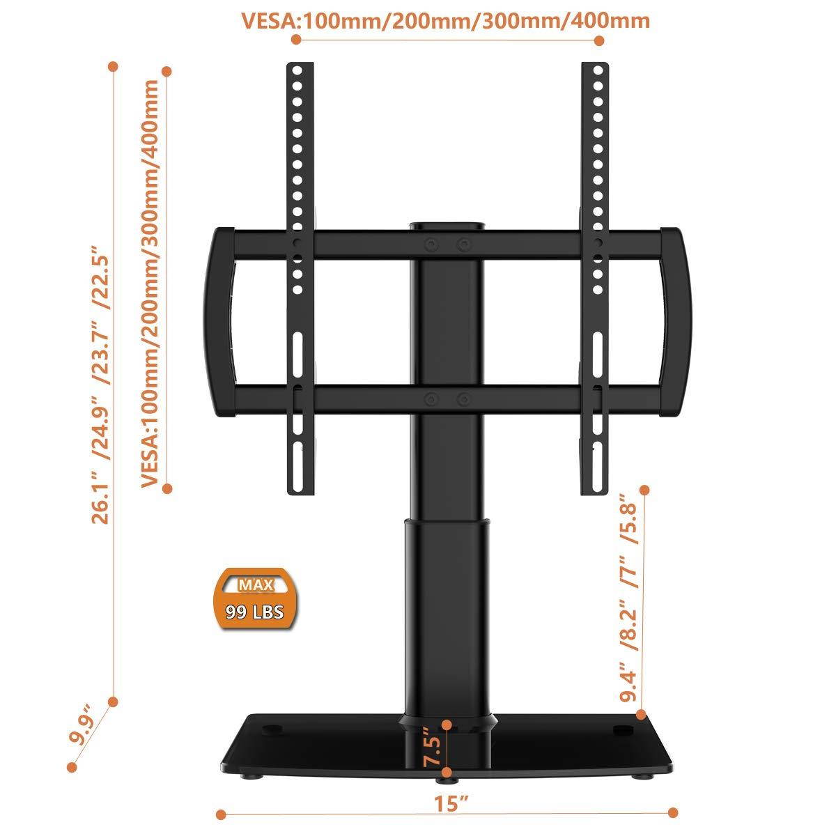 Universal Swivel TV Stand/Base Table Top TV Stand 27 to 55 inch TVs 80 Degree Swivel, 4 Level Height Adjustable, Heavy Duty Tempered Glass Base, Holds up to 99lbs Screens, HT04B-001
