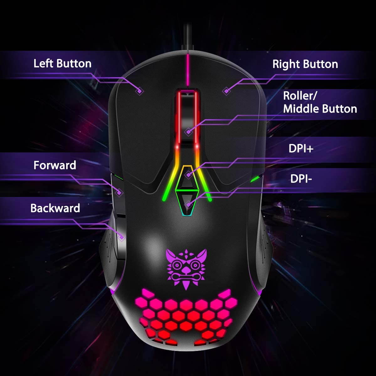Gaming Mouse RGB Breathing LED Light 6400 DPI 7 Buttons Wired Mice for PC Laptop Computer Gamer - Black