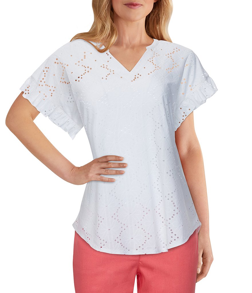 Ruby Rd. Petite Size Floral Eyelet Knit V-Neck Short Ruffle Sleeve Top