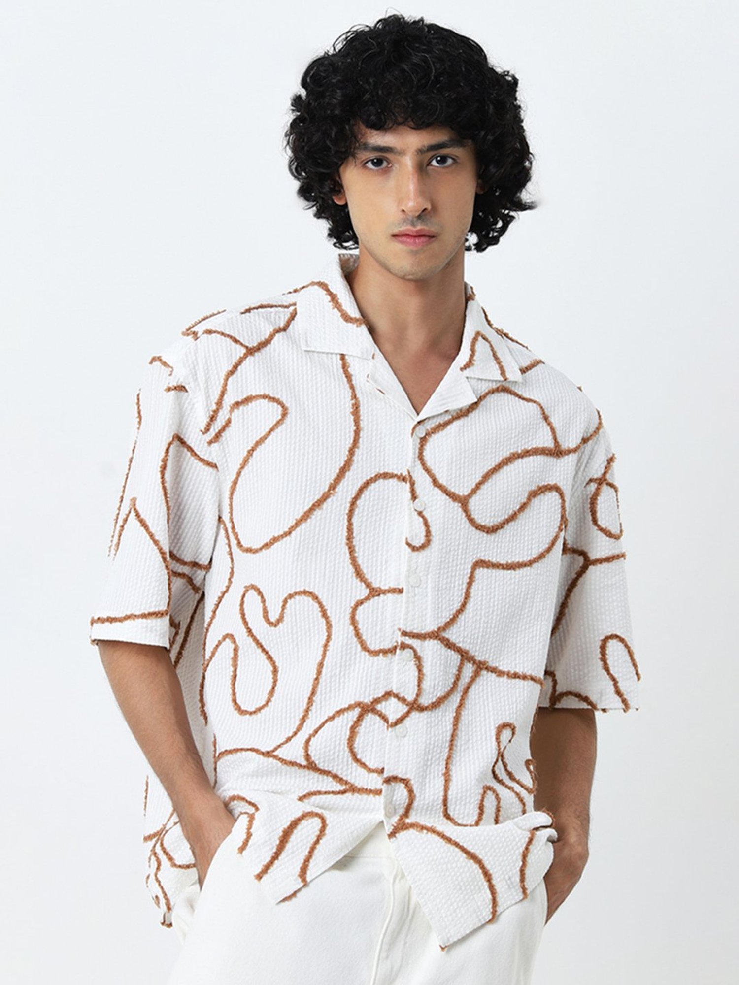 Nuon by Westside White Embroidered Seersucker Relaxed- Fit Cotton Shirt