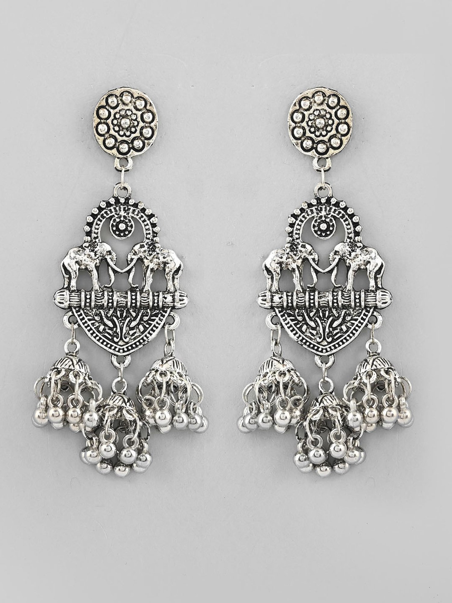VOJ Silver-Plated Elephant Oxidized Contemporary Drop Earrings for Women