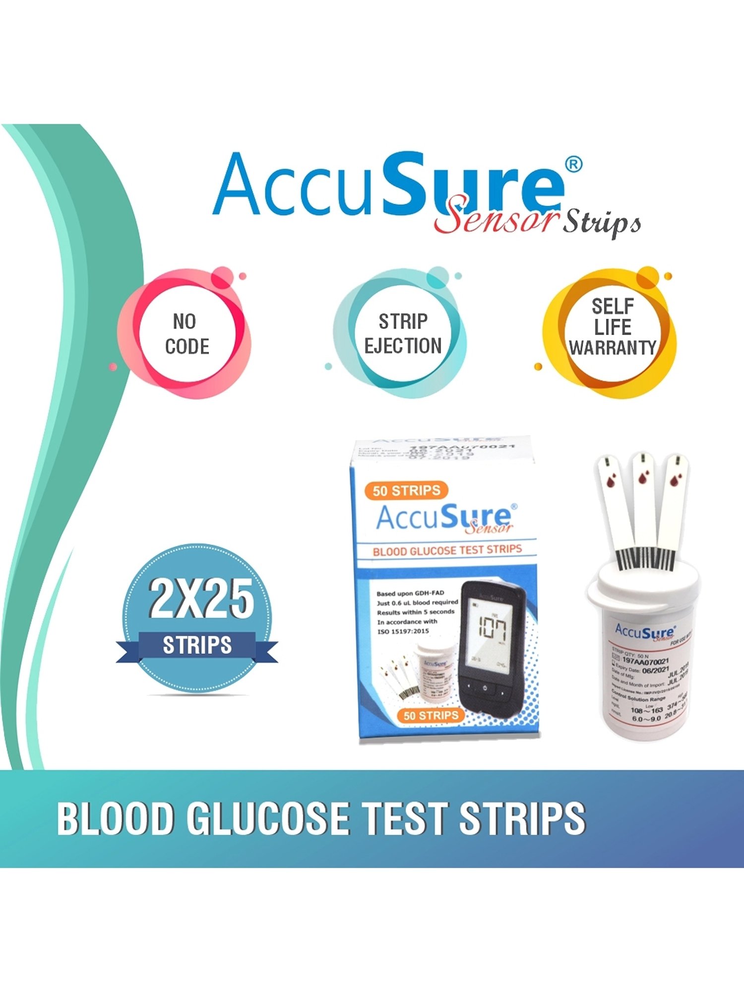 AccuSure Blood Glucose Test Strips - Pack of 50 (White)