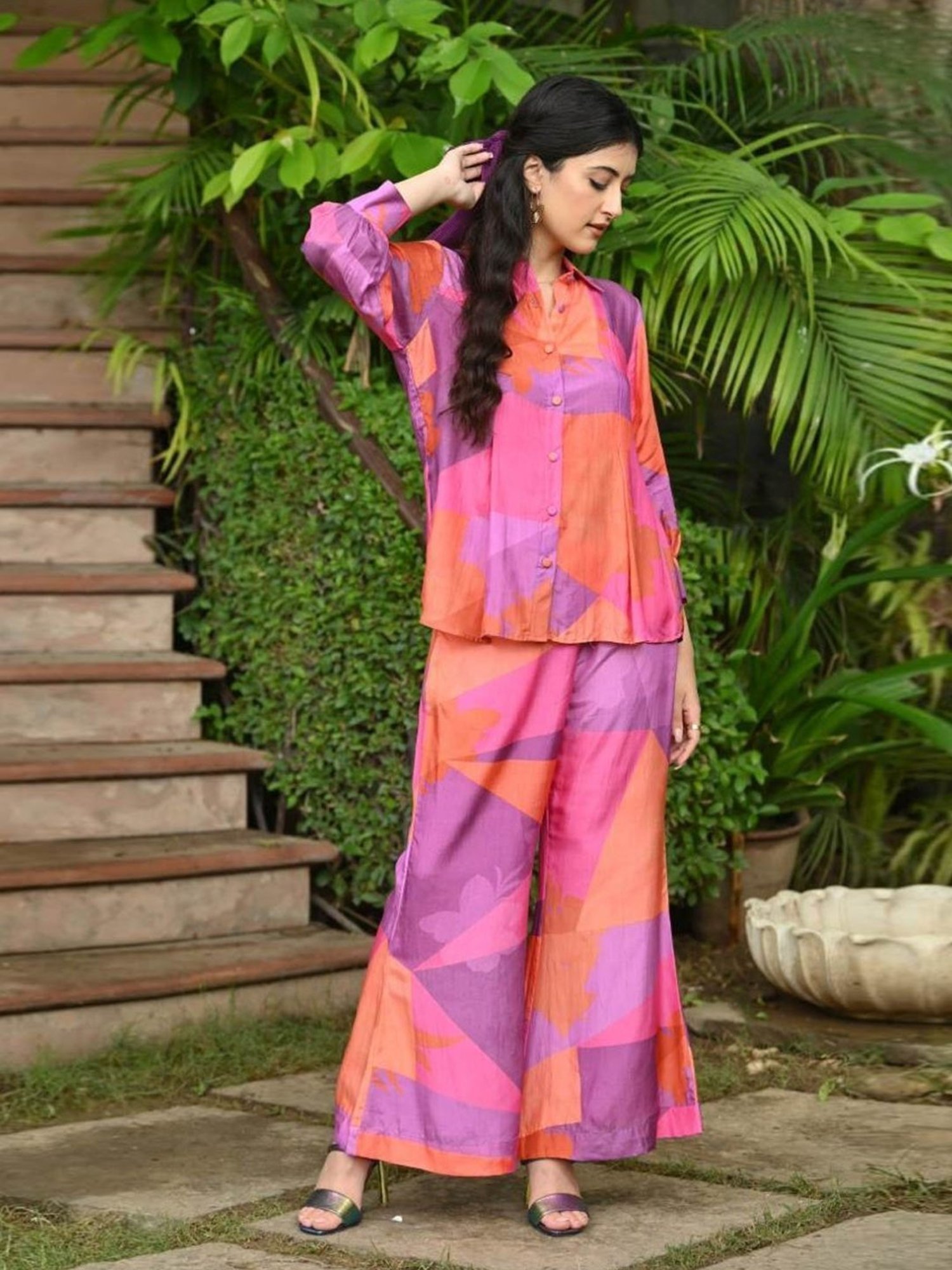 Mahee Jaipur Purple & Orange Purple and Orange Geometric Botanic design Shirt with Pant Co-ord Set