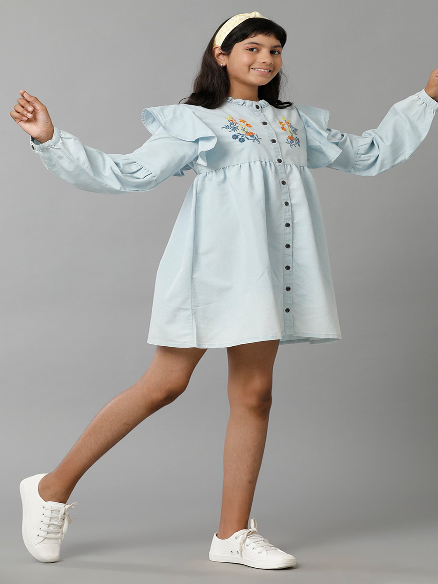 Under Fourteen Only Kids Blue Embroidered Full Sleeves Denim Dress
