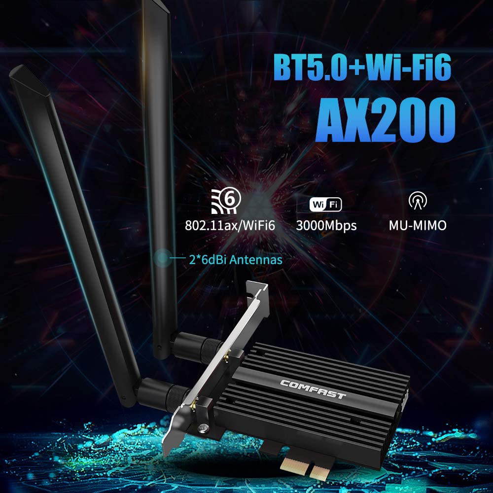 AX200 WiFi 6 Card for PC| Bluetooth 5.0| 802.11ax| 3000Mbps Dual Band (2.4/5.8Ghz)| MU-MIMO OFDMA PCIe WiFi Card Ultra-Low Latency with Heat Sink, Support Windows 10 64-bit Only