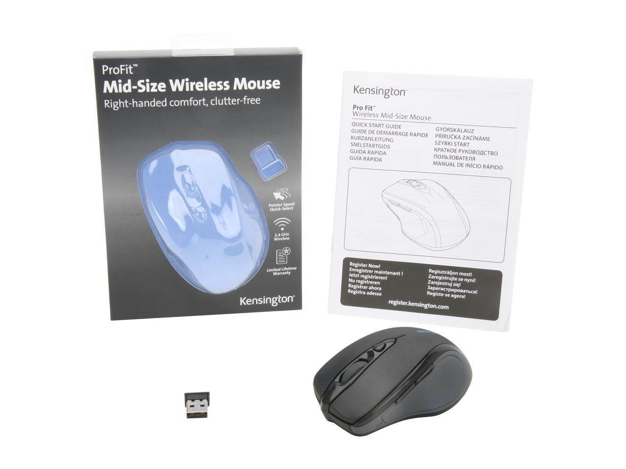 Wireless Mouse , Kensington Pro Fit Mid-Size Right-handed Wireless Mouse with Nano Receiver , High-definition optical 1750 DPI, Ergonomic right-handed design, 2.4 GHz wireless for long rang - Black