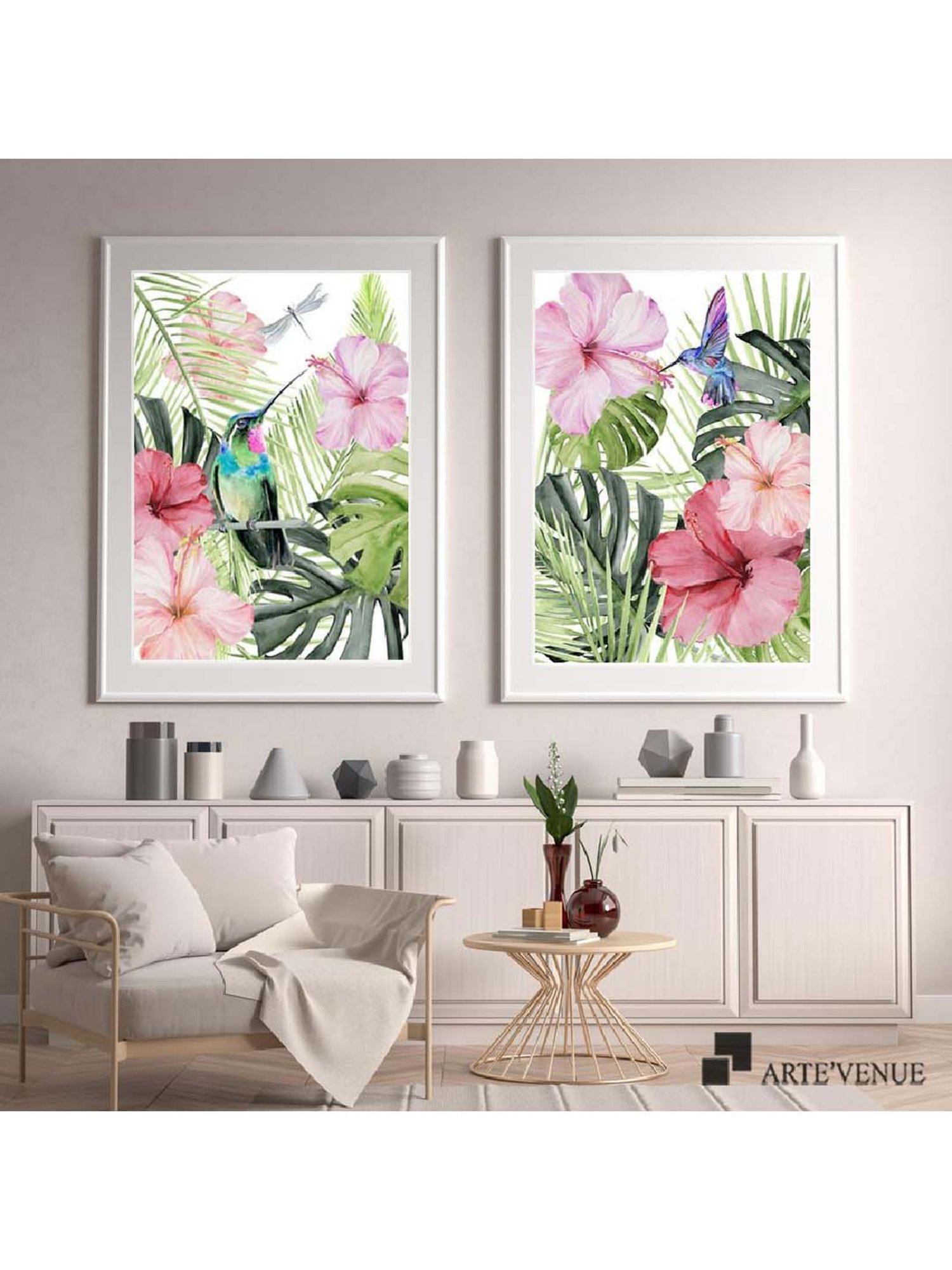 ARTE'VENUE Tropical Hibiscus Flair Pink & Green Paper Wall Arts - Set of 2 (13 X 16 inch Each)