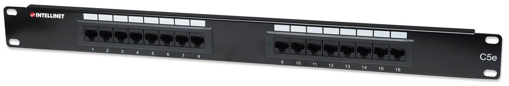Intellinet Cat5e Patch Panel - 16 Port(s) - 16 x RJ-45 - 1U High - Black - 19" Wide - Rack-mountable
