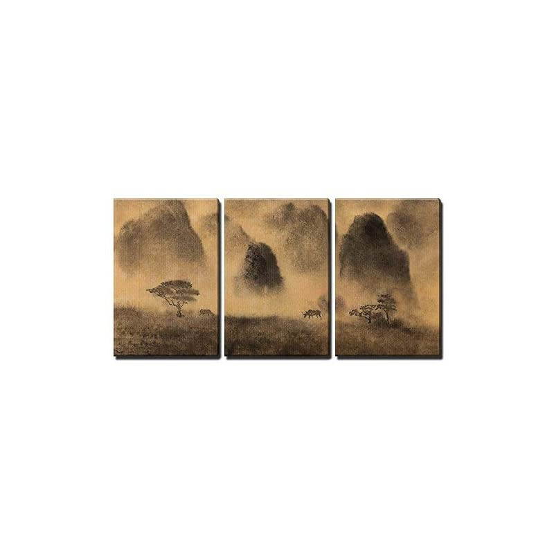3 Piece Canvas Wall Art Yellow Fog and Chinese Mountain Modern Home Art Stretched and Framed Ready to Hang 16x24x3 Panels