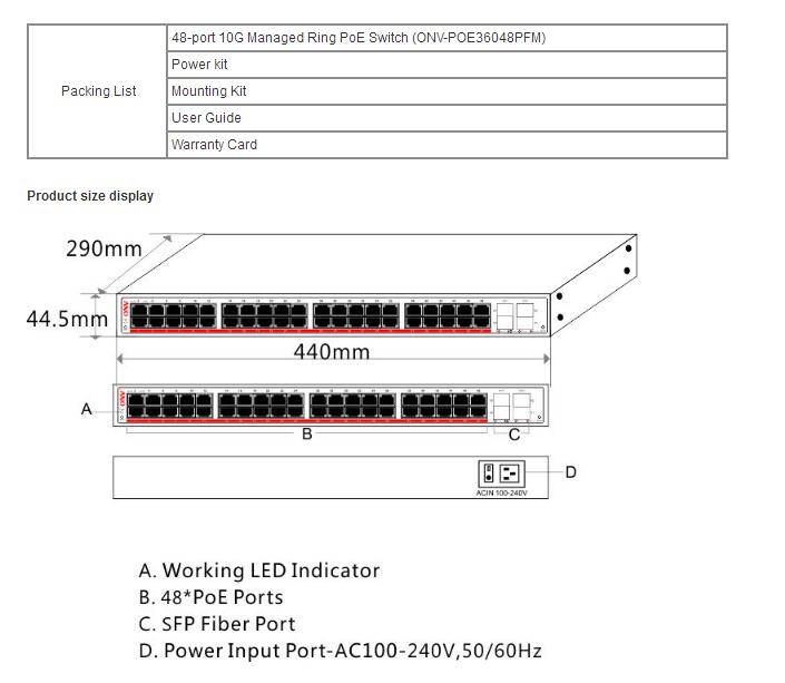 ONV-POE36048PFM 48x 10/100/1000M RJ45 ports Managed Ring PoE Switch compliant with both IEEE 802.3af/at standard