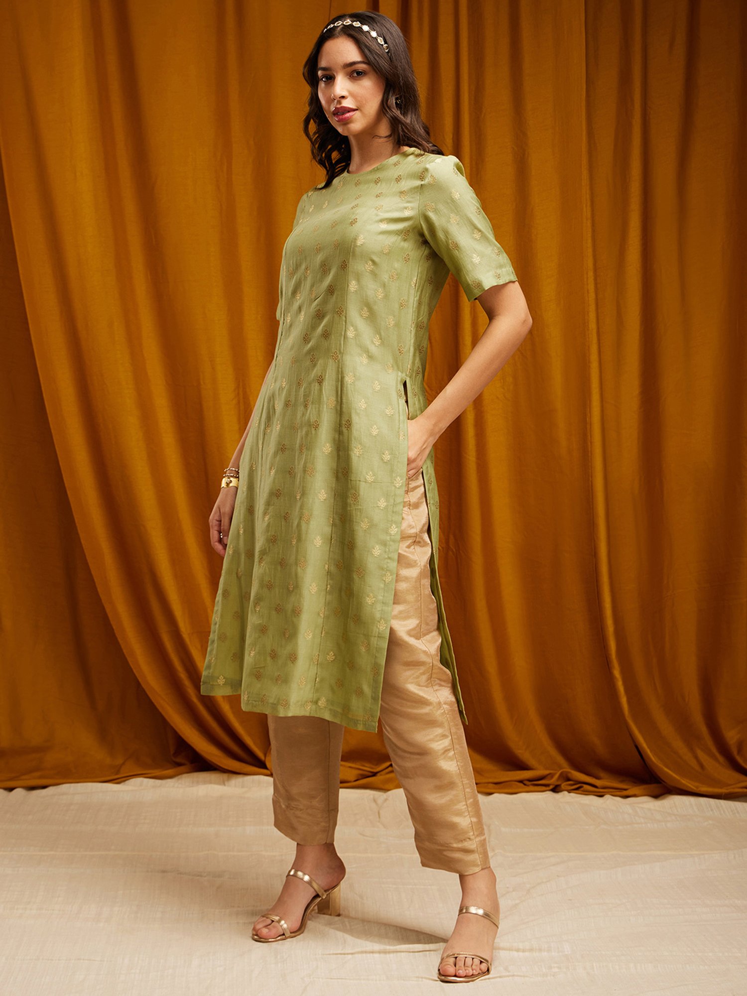 Pink Fort Lime Green Printed Straight Kurta