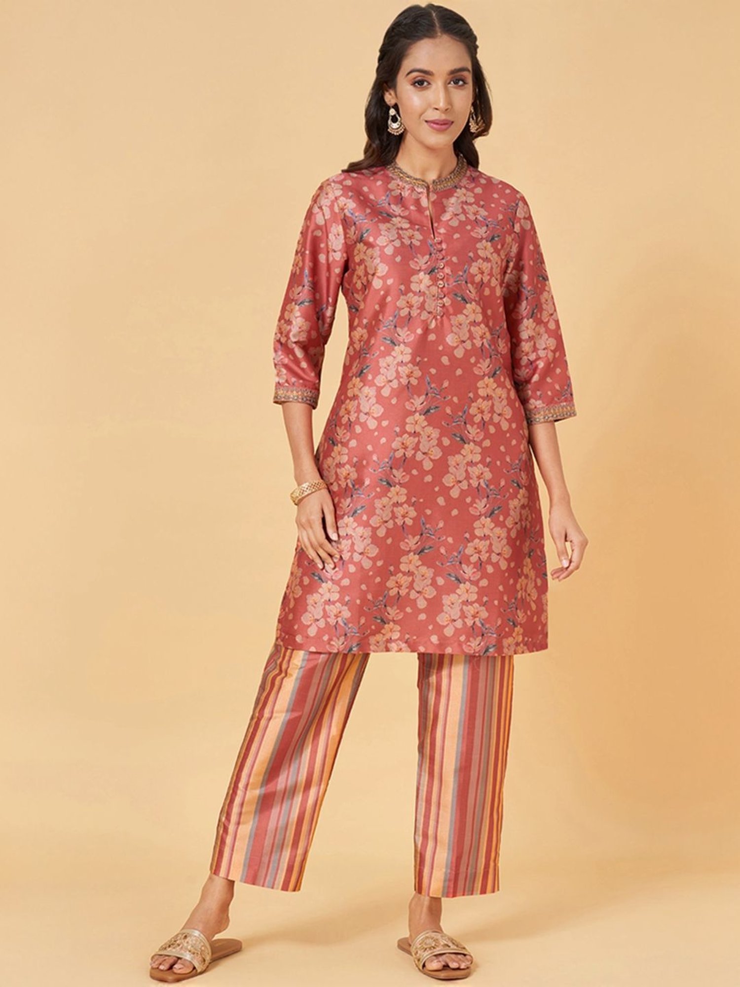 Rangmanch by Pantaloons Pink Printed Kurti Pant Set