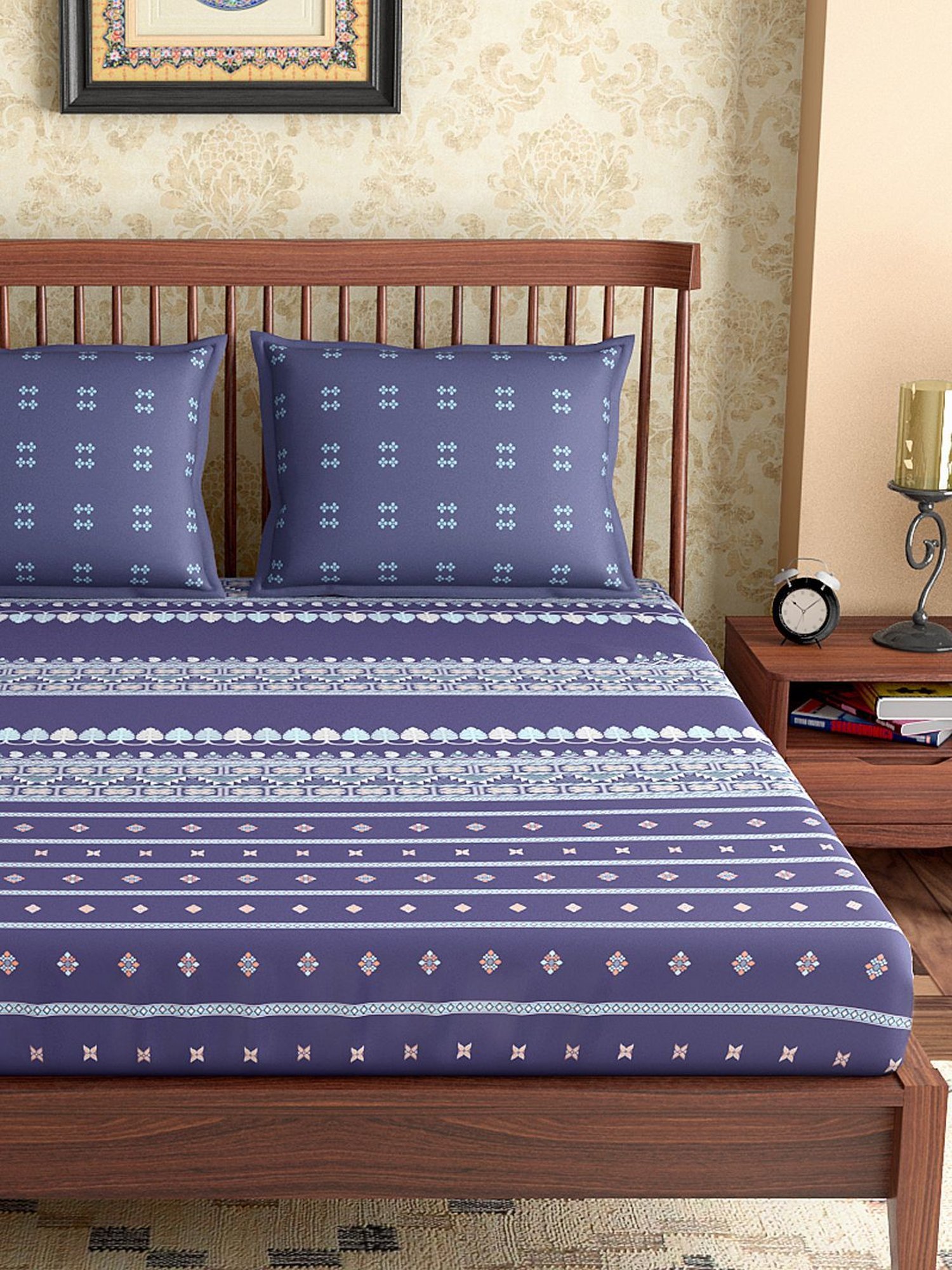 Petal Home Hooghly Motif Navy Blue 300 TC Cotton Queen Size Bed Sheet with 2 Pillow Covers