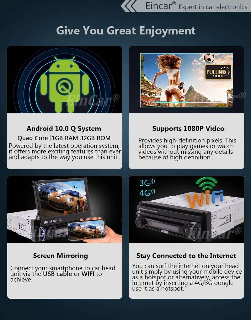 EinCar Single Din Car Stereo Bluetooth Radio for Car Android 10.0 GPS Navigation System 1 Din 7 inch Touch Screen 1GB RAM + 32 GB ROM Head Unit Video in Dash with WiFi USB Mirrorlink FM AM SWC