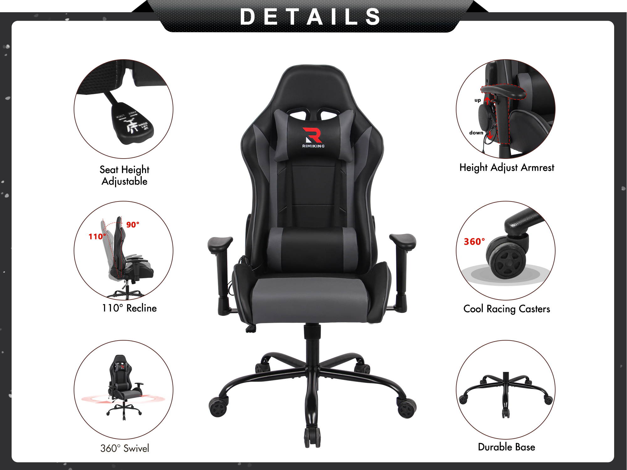 RIMIKING Massage Racing High Back Ergonomic  Computer Gaming Chair  Soft Headrest&Backrest Desk Chair Swivel Adjustable Armrest  Office Chair