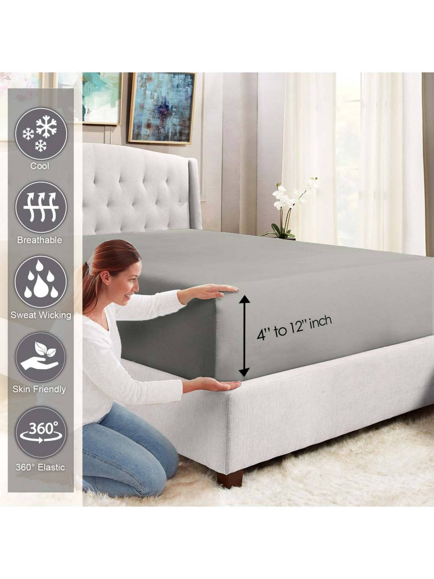 Pizuna 400TC 100% Cotton Silver Fitted Bed Sheet Queen Size With 2 Pillow Cover