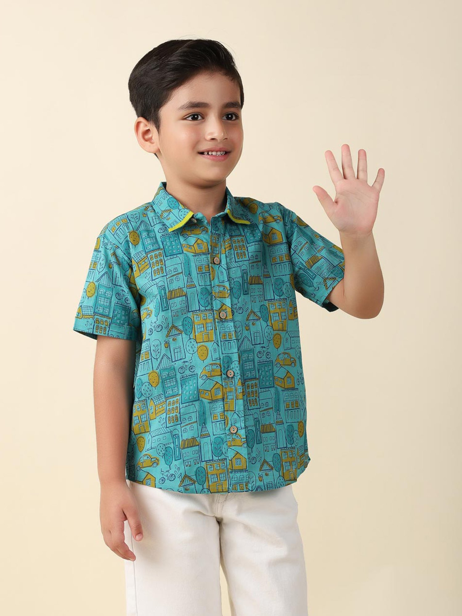 Fabindia Kids Turquoise Printed Shirt
