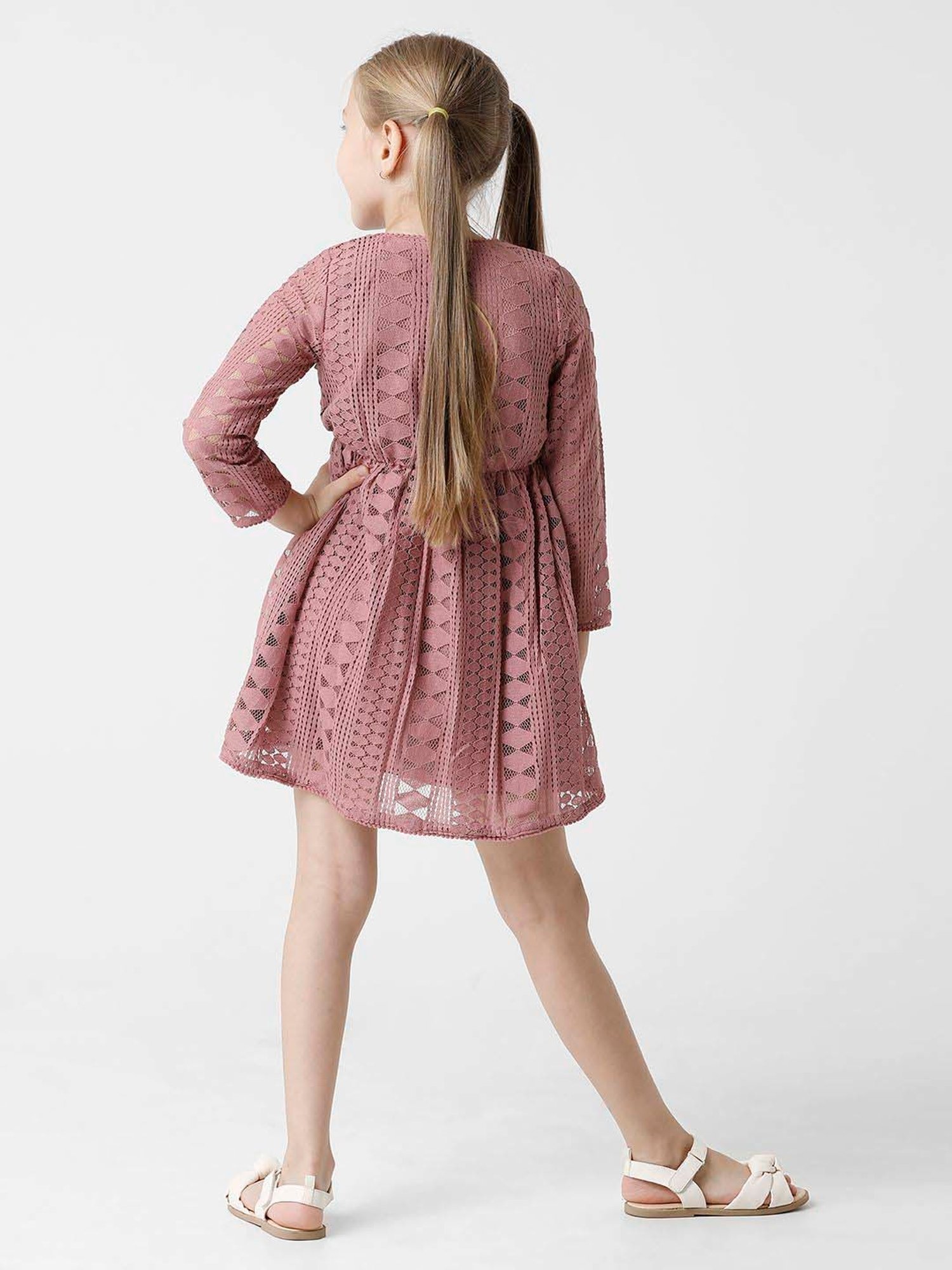 Kate & Oscar Kids Pink Embroidered Full Sleeves Dress