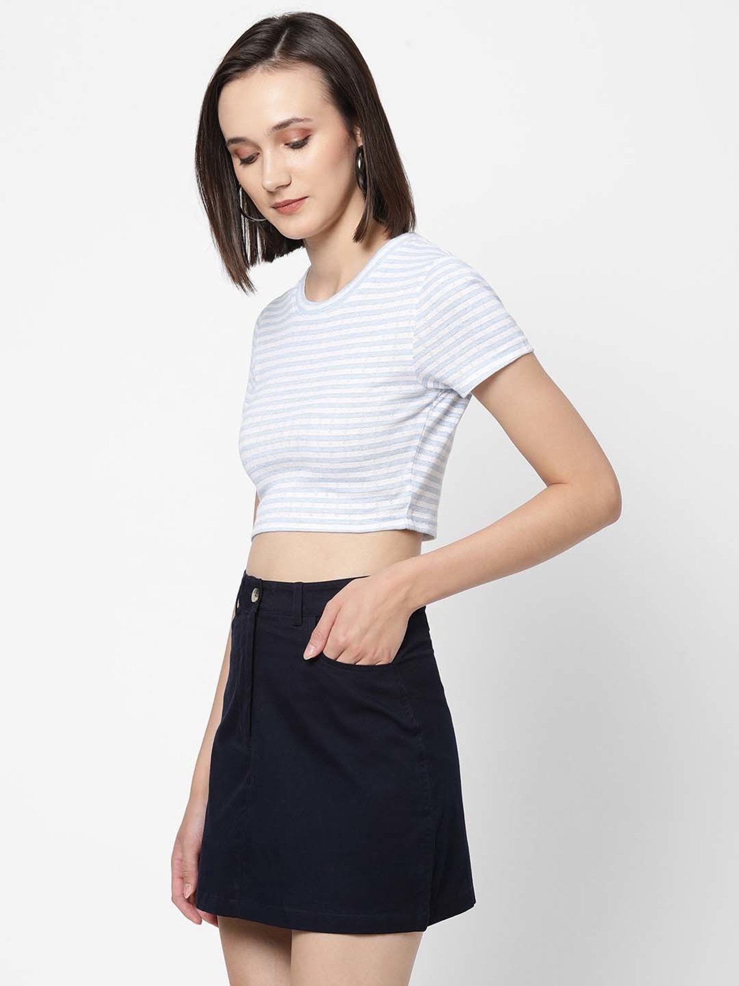 VASTRADO Blue Cotton Striped Crop Top