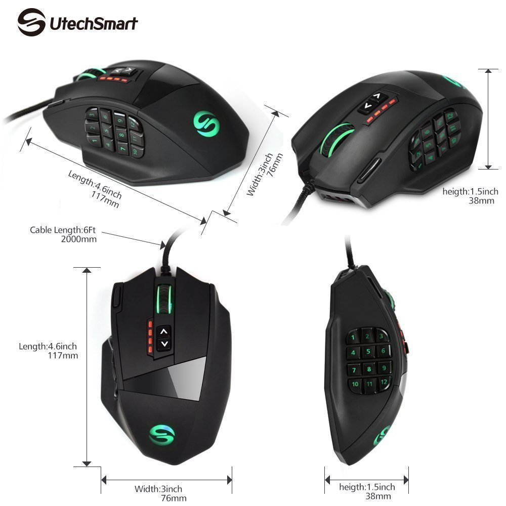 Gaming Mouse, UtechSmart Venus 16400 DPI High Precision Laser MMO Gaming Mouse, 12000 FPS, 1000 Hz polling rate , 18 programmable buttons ,16 million LED color option,Ergonomic Right Handed Design
