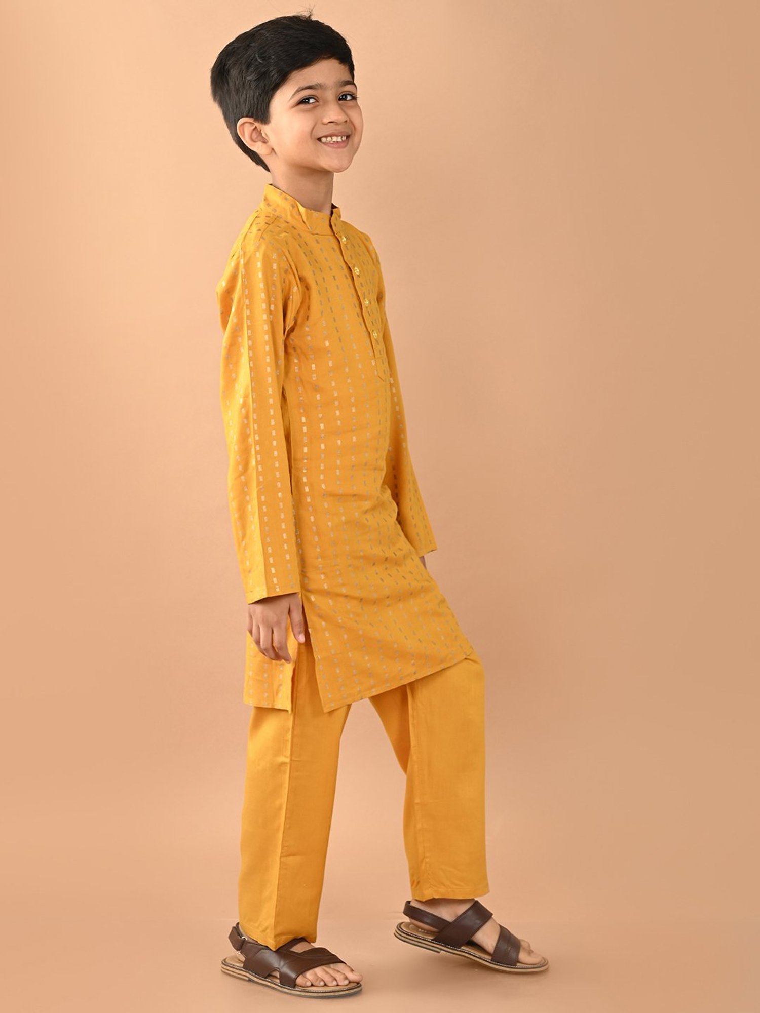 LilPicks Kids Mustard Striped Full Sleeves Kurta With Pyjamas