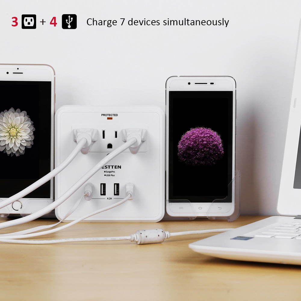 BESTTEN Outlet Extender with 4 USB Charging Ports (4.2A Total) and 3 AC Sockets, 300 Joule Surge Protector, Plug Multiplier with 2 Slide-Out Phone Holders, USB Cable Included, ETL Certified, White