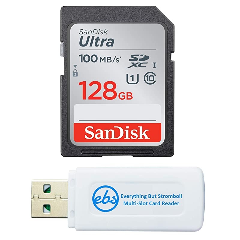 128GB SDXC SD Ultra Memory Card Works with Canon EOS Rebel T7 Rebel T6 77D Digital Camera Class 10 SDSDUNR128GGN6IN Bundle with 1 Everything But Stromboli Combo Card Reader