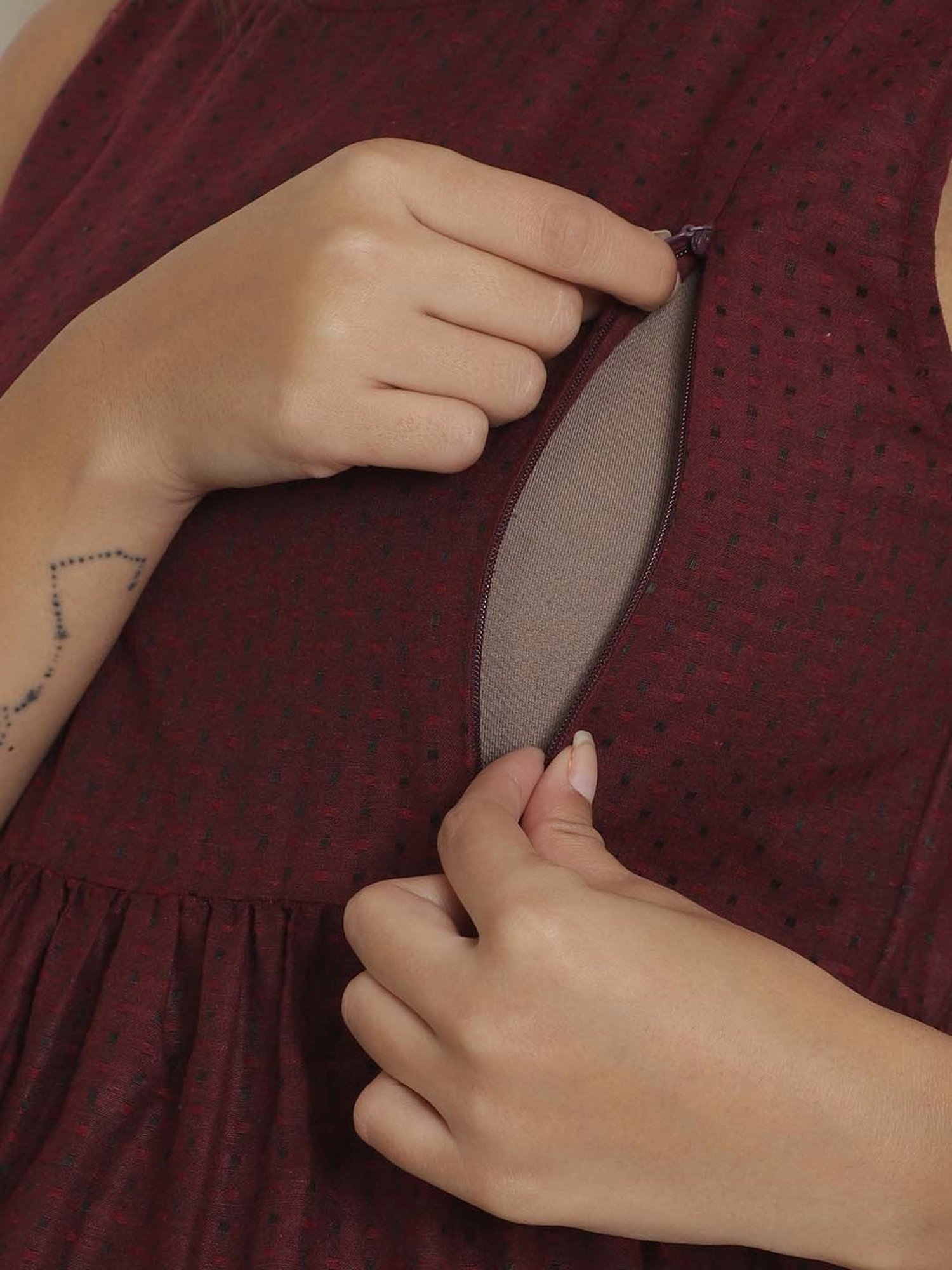 Moms Maternity Maroon Self Designs Maternity Midi Dress