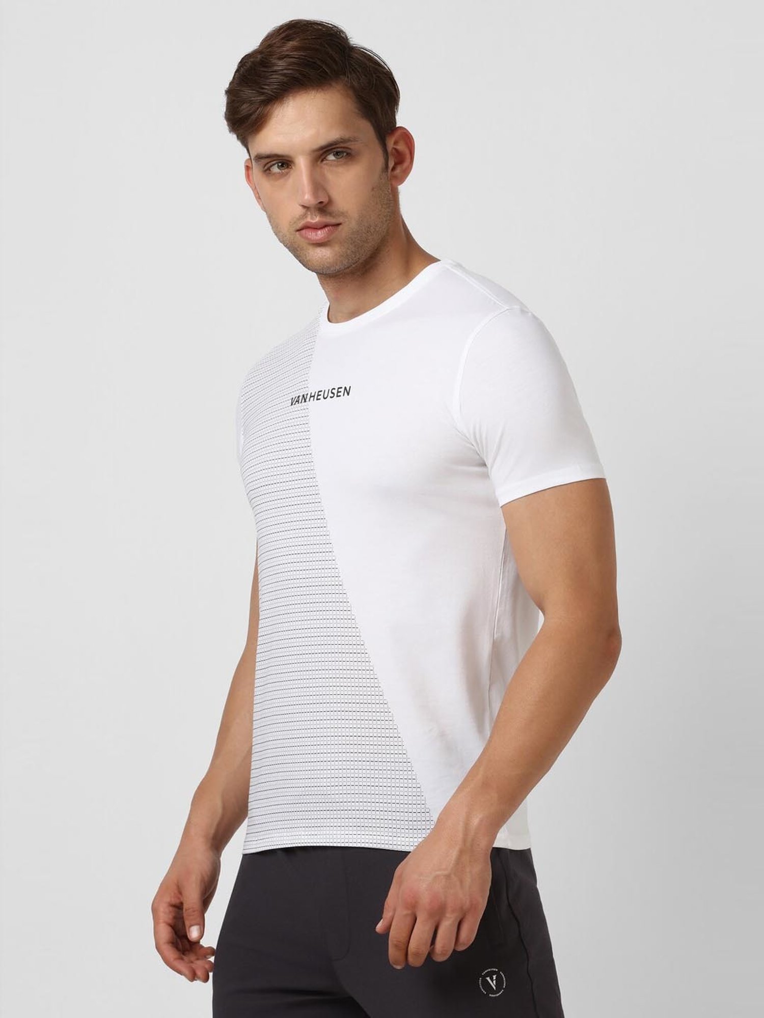 V Dot White Cotton Slim Fit Printed T-Shirt