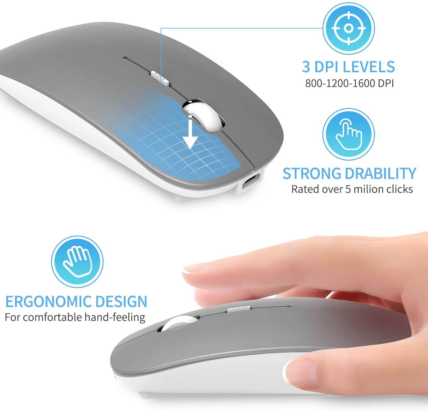 2.4GHz Wireless Bluetooth Mouse, 3 Adjustable DPI, Dual Mode Slim Rechargeable Wireless Mouse Silent USB Mice,Compatible for Laptop Windows Mac Android MAC PC Computer (Silver)