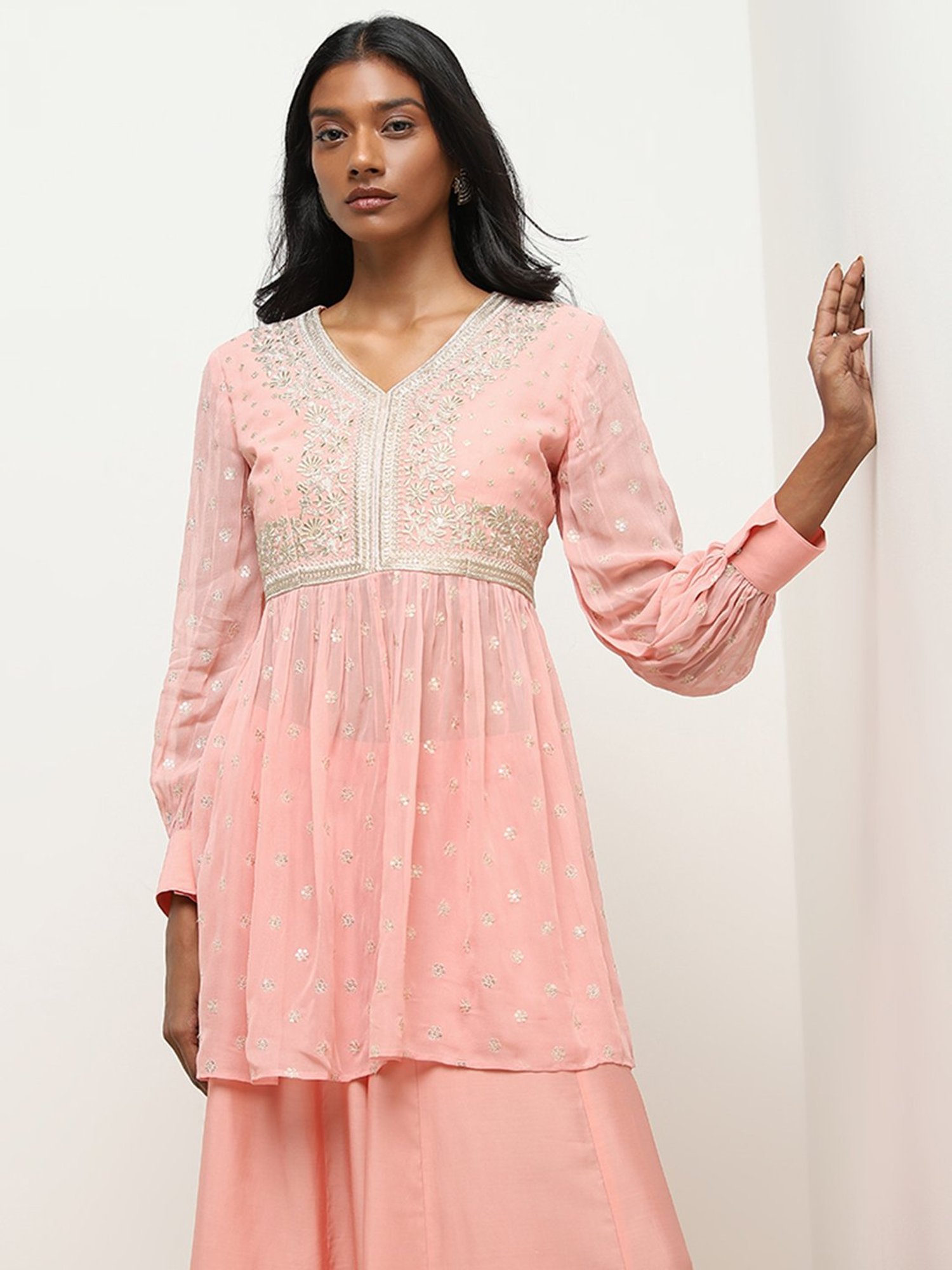 Vark by Westside Pink Floral Embroidered Ethnic Top with Palazzos Set