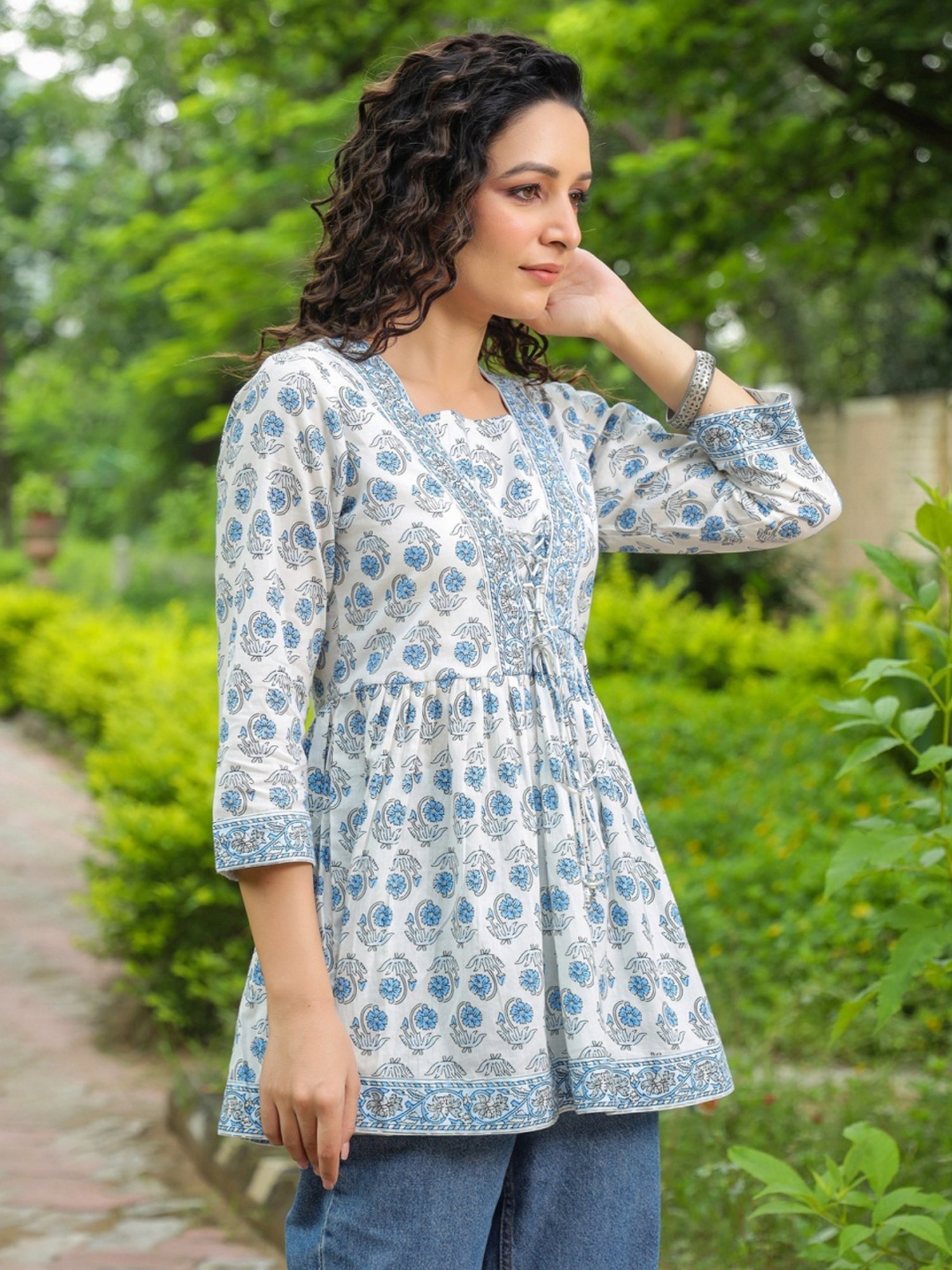 Rain and Rainbow White & Blue Cotton Floral Print Top