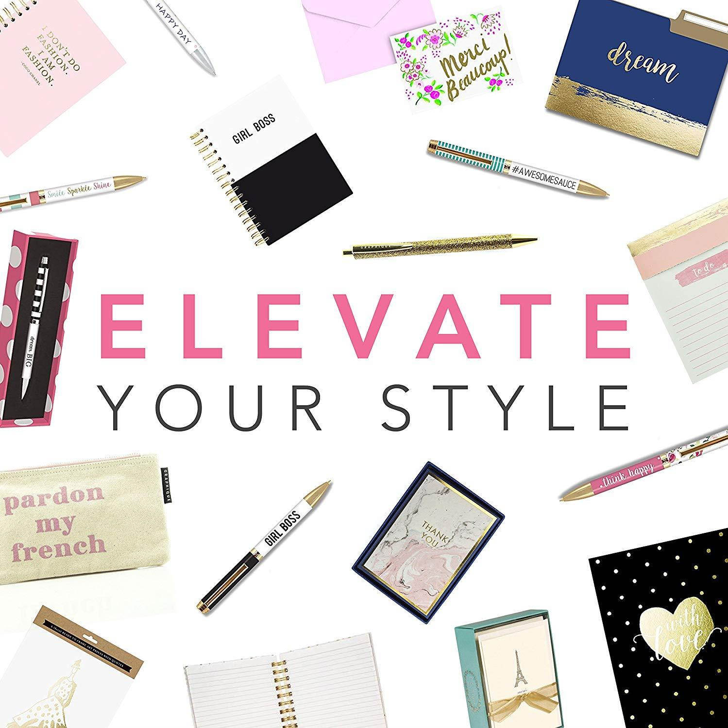 Graphique Classic Charm Hard Cover Journal w/ Elegant Black and White Stripes & "Happy Thoughts" in Embellished Gold Foil Across the Cover, 160 Ruled Pages, 6.25" x 8.25" x 1"