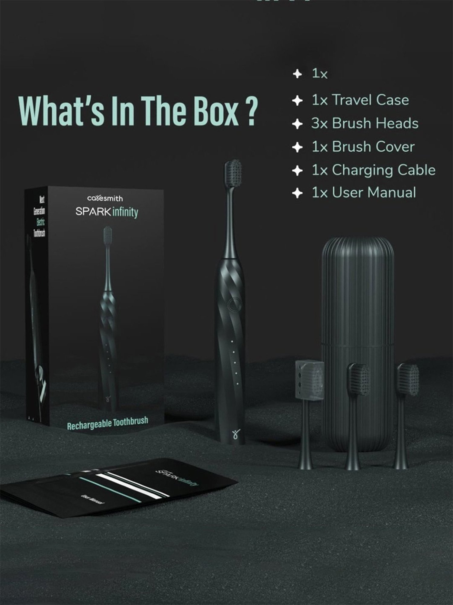 Caresmith SPARK Infinity Electric Smart Toothbrush with 3 Brush Heads & Travel Case (Black)