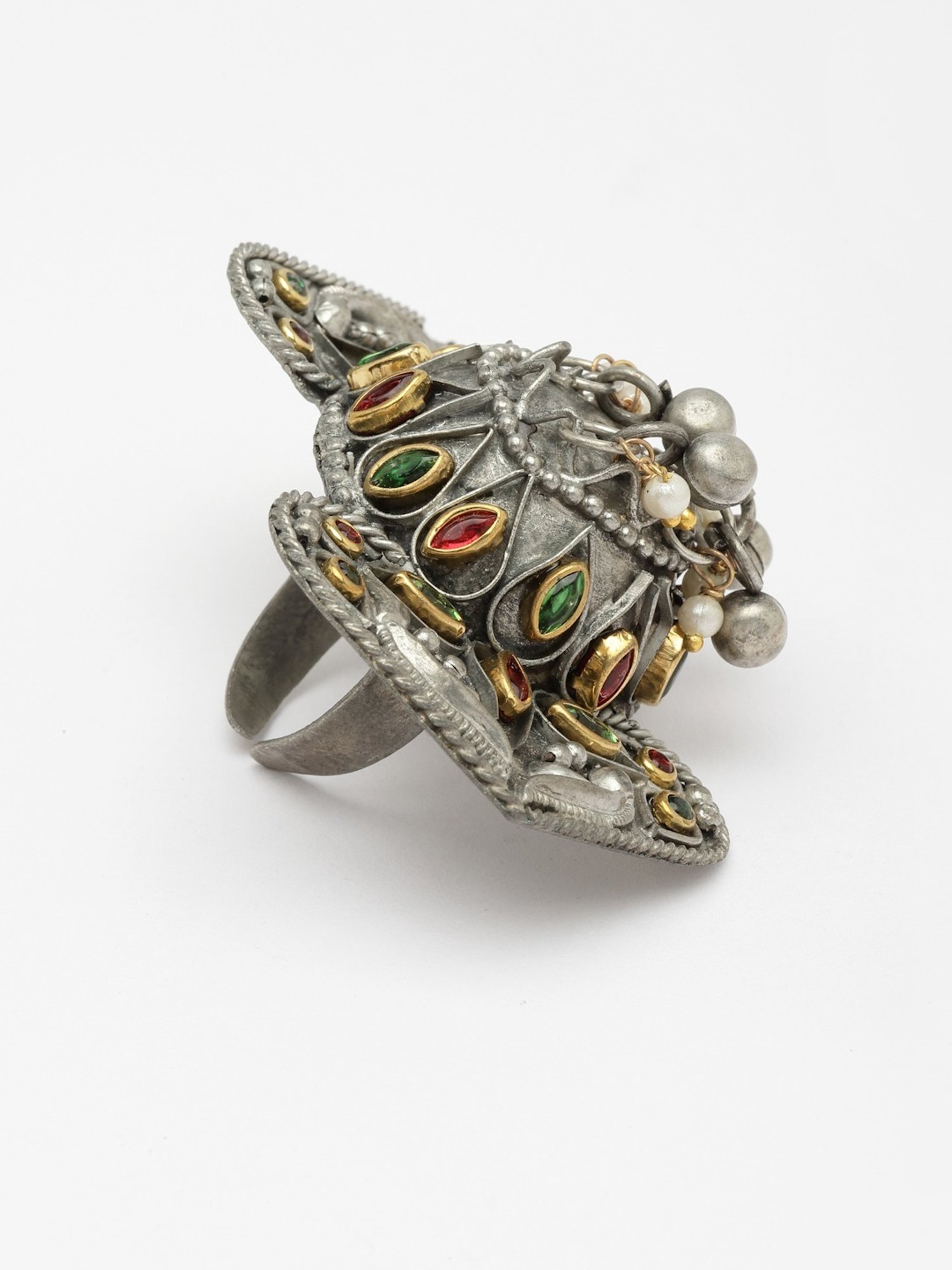 Moedbuille Stones Studded Antique Design Handcrafted Oxidised Silver Plated Finger Ring