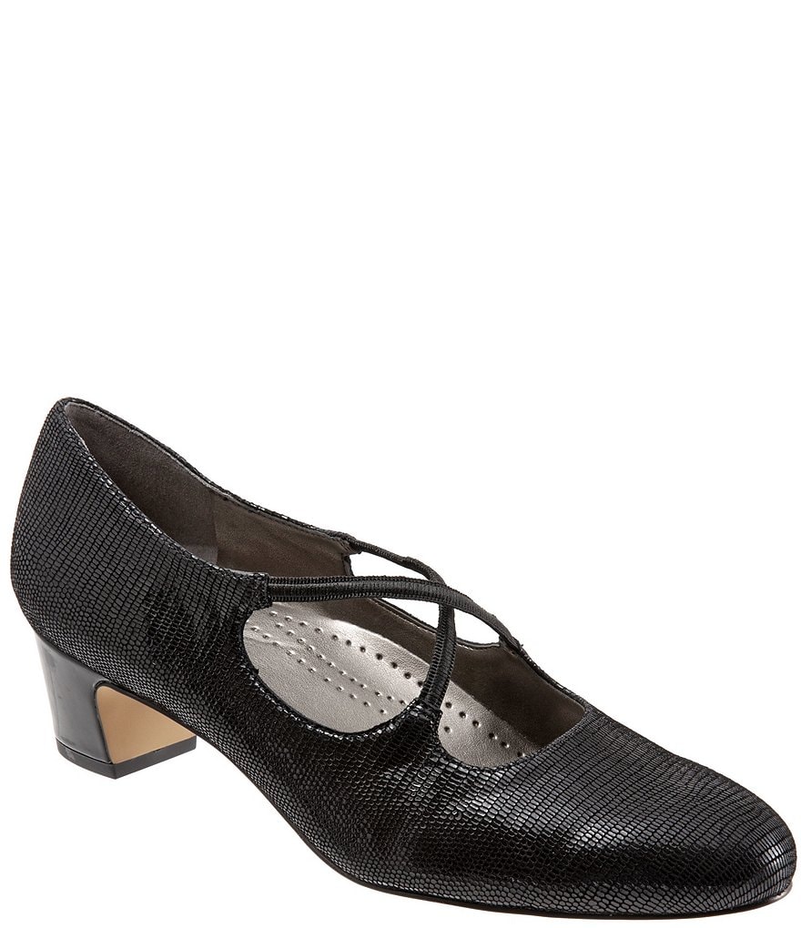 Trotters Jamie Lizard Patent Suede Leather Block Heel Pumps