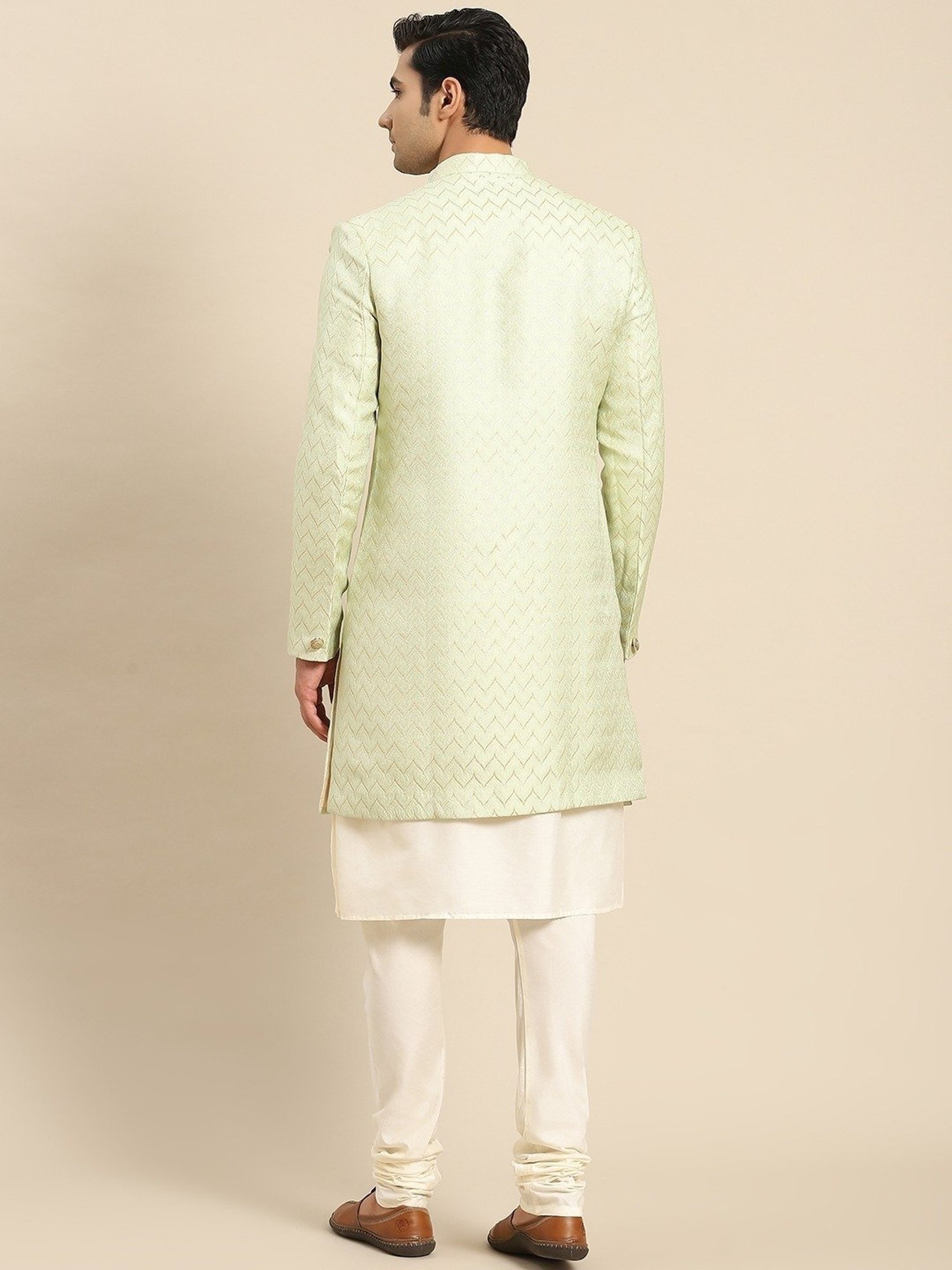 Hangup Plus Beige & Black Regular Fit Printed Sherwani Set